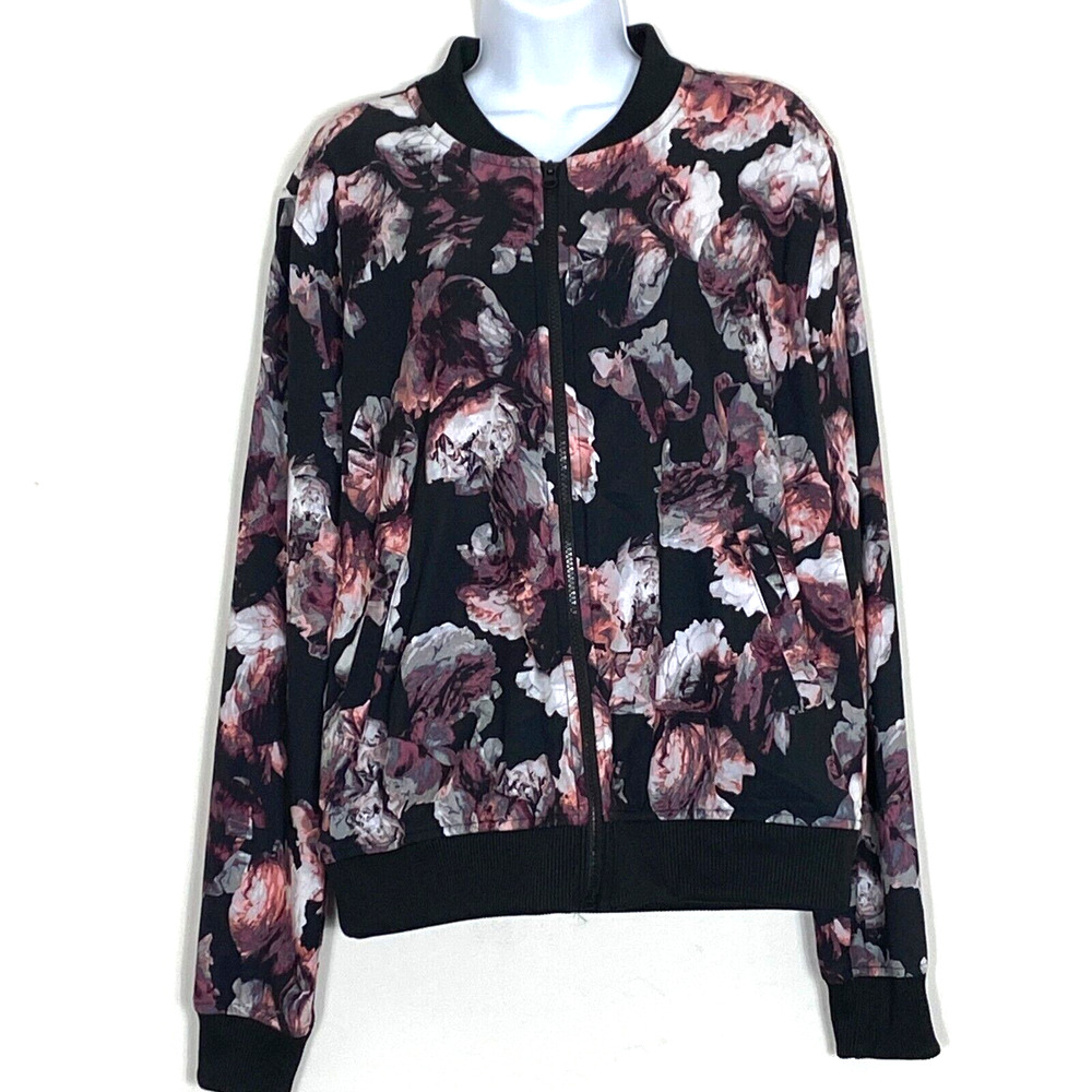 Victorias Secret Sport Jacket Womens Size Medium Floral Black Lined Full Zip